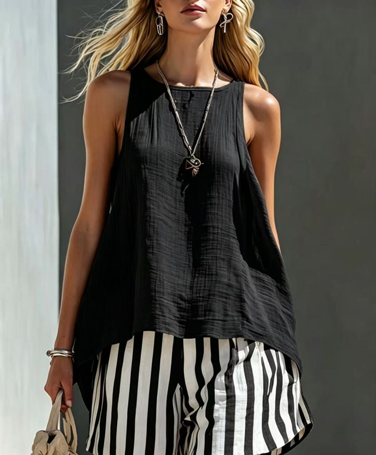 2026 cross-border new European and American style sleeveless striped suit women s summer loose casual two-piece set cross-border trendy S чёрный