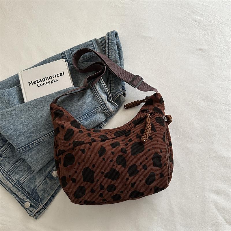 Cow Print Corduroy Crossbody Bag Korean Fashi Large Capacity Shoulder Bag Casual Commute Zipper Canvas Tote Handbag