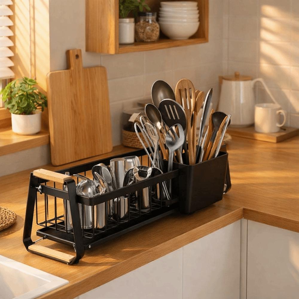 Large Capacity Dish Drying Drain Rack Wooden Handle Tableware Storage Rack  Apartment