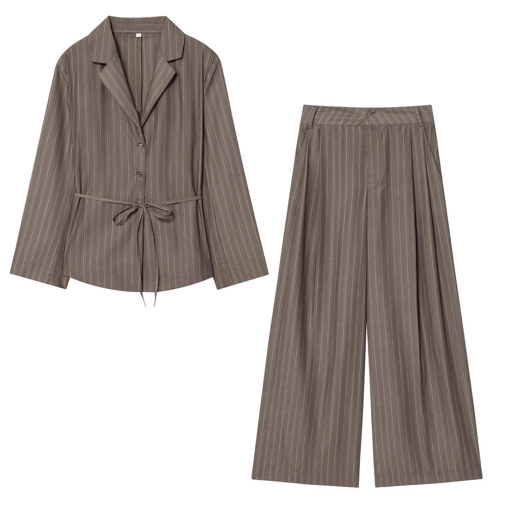 Striped Padded Shoulder Suit Jacket & Pleated Trousers Set