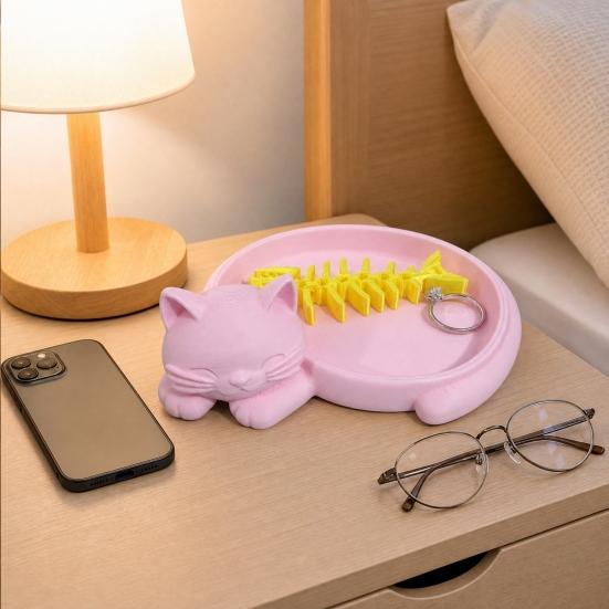 Storage Tray, 3D One-Piece Molding Seamless Polished Rounded Design Jewelry Holder, Cat Fishbone Design Jewelry Organizer for Rings Earrings