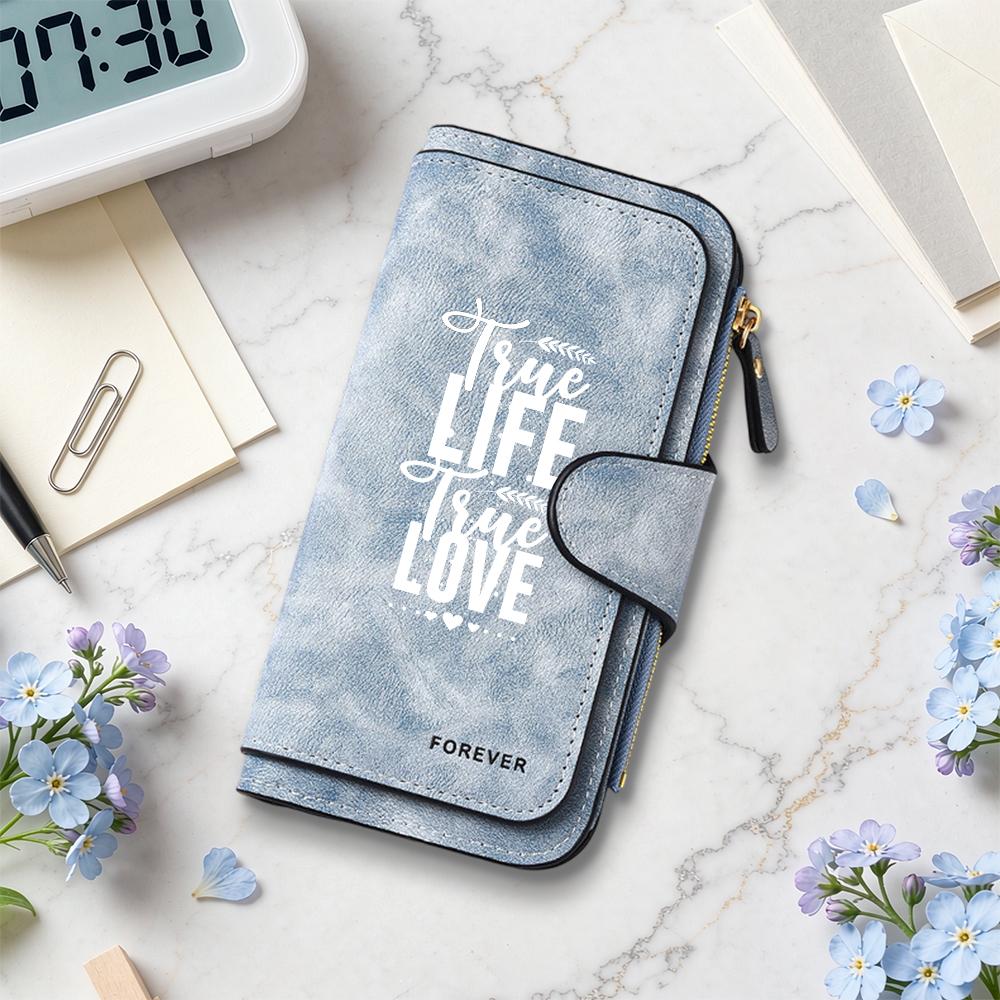 Women Long Wallet True Life True Love Letter Print Multi Card Holder Zipper Purse