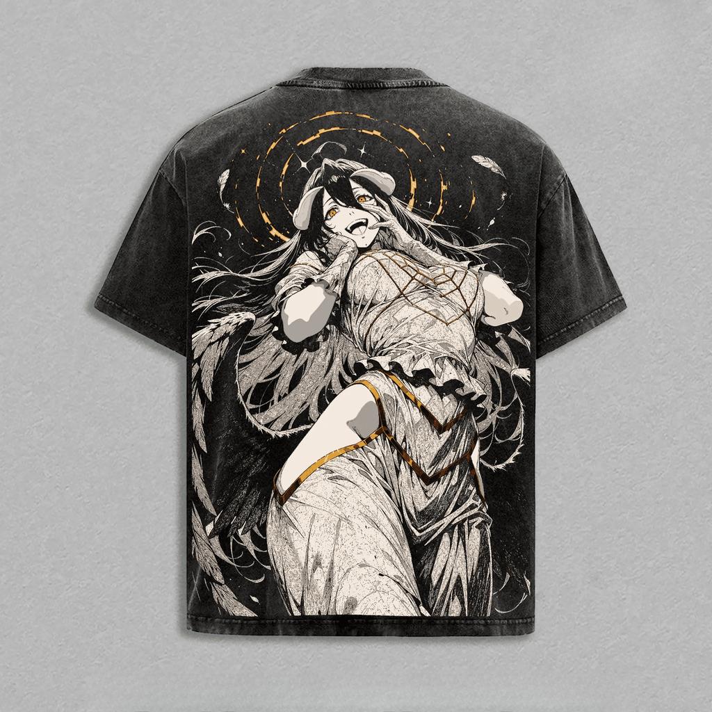 Overlord Albedo Anime Printed T Shirt Vintage Washed Y2k T-shirt Men Clothing Summer Casual Short Sleeve Pure Cotton Tees Tops