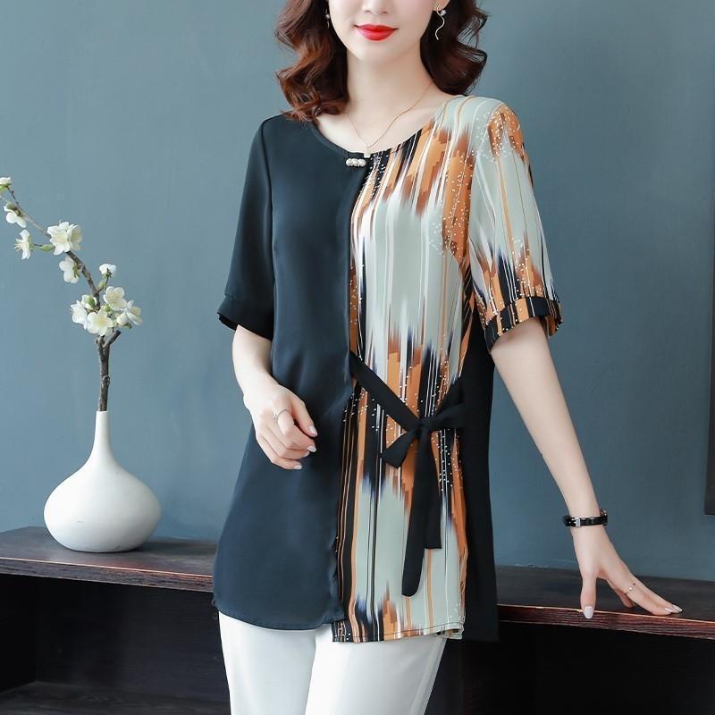 Western-style Loose Short-sleeved Chiffon Shirt Middle-aged and Elderly Summer Round-neck Fashionable Small Shirt