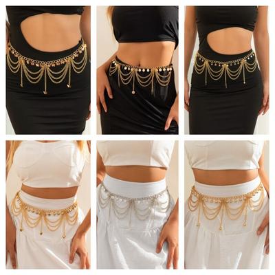 Gold Metal Body Chain Silver Pearl Tassel Waist Chain Fashion   Girls