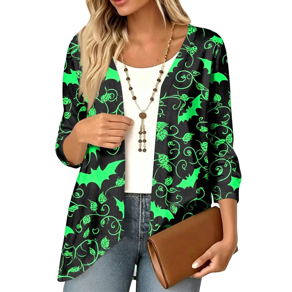 Women's Lightweight Cardigan with Halloween Print , Three-Quarter Sleeve , Relaxed Fit for Casual Halloween Outfits