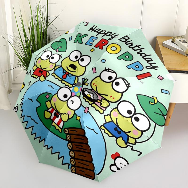1pc Keroppi Frog Family Birthday Party Automatic Opening/Closing Umbrella - Portable Three-Fold Design with 8-Bone Iron Frame - Outdoor, Gift for Fans