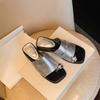 ~ Height increased by 4cm~ Metal buckle fold width one-word set toe slope heel sandals female summer