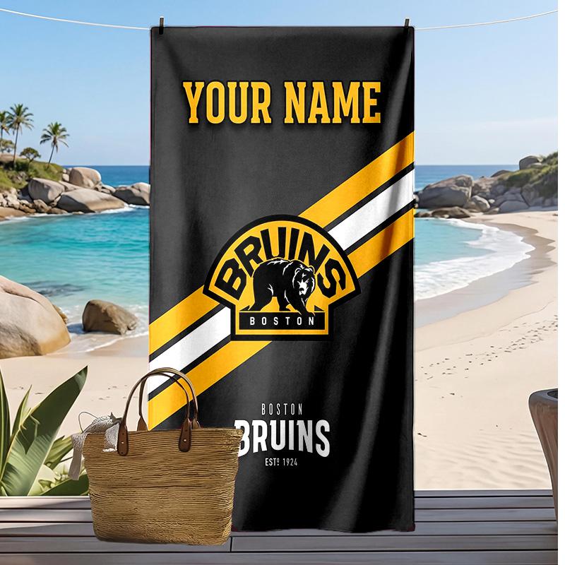 Boston Bruins Custom Beach Towel, Print Your Name Text Lightweight Absorbent Towel for Swimming Travel