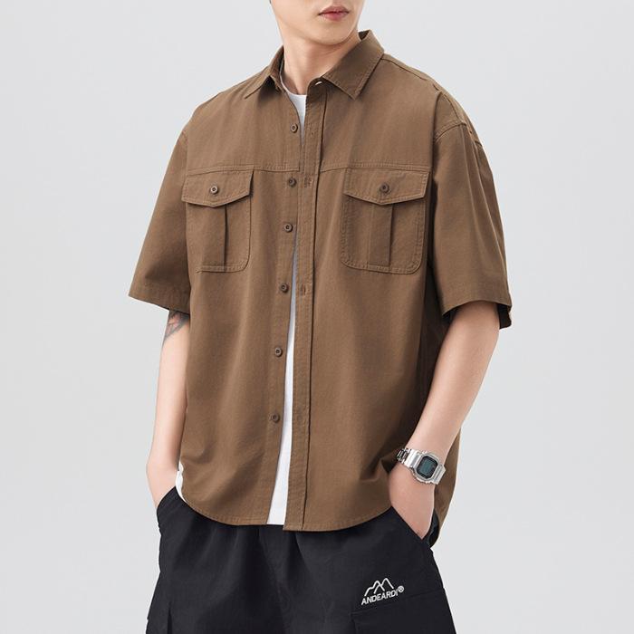 

American Workwear Pure Cotton Short-sleeved Shirt Men s Japanese Retro Simple Versatile Mid-sleeved Shirt 4XL коричневый