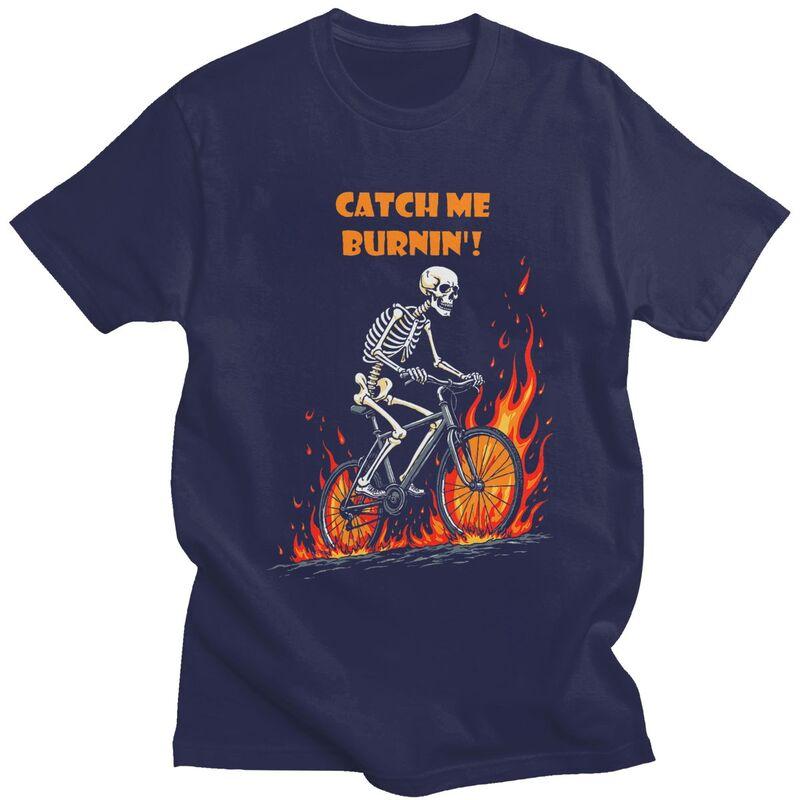 Custom Catch Me Burnin Bicycle Cyclist Skeleton T Shirts Men Pure Cotton Tee Tops Tshirts ShortSleeve Fashion Tshirt Clothing