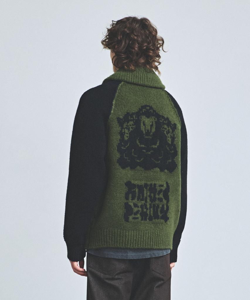 Knitted Bulky Wool Stadium Zip-Up Khaki-Black