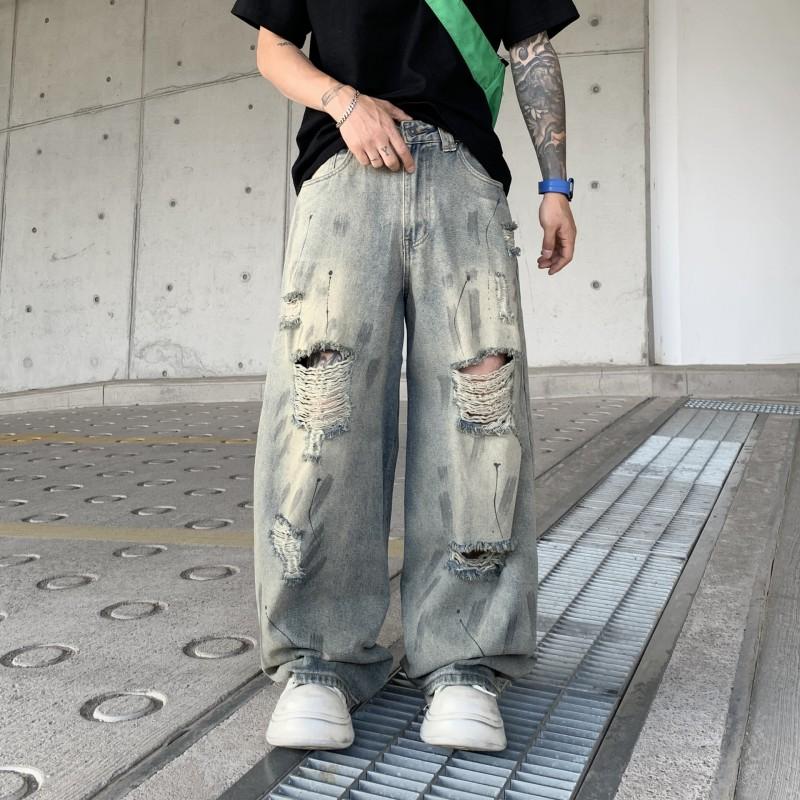 Mens Distressed Wide-Leg Denim Pants Loose Fit Streetwear Cargo Style Casual Jeans