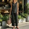 Completi da Donna in Cotone e Lino a 2 Pezzi, Top a Canotta Senza Maniche con Scollo a V e Pantaloni a Gamba Larga, Outfit Casual da Casa con Tasche