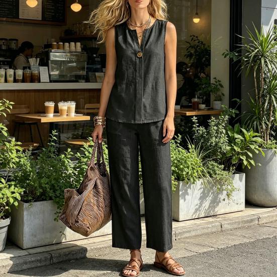 Completi da Donna in Cotone e Lino a 2 Pezzi, Top a Canotta Senza Maniche con Scollo a V e Pantaloni a Gamba Larga, Outfit Casual da Casa con Tasche