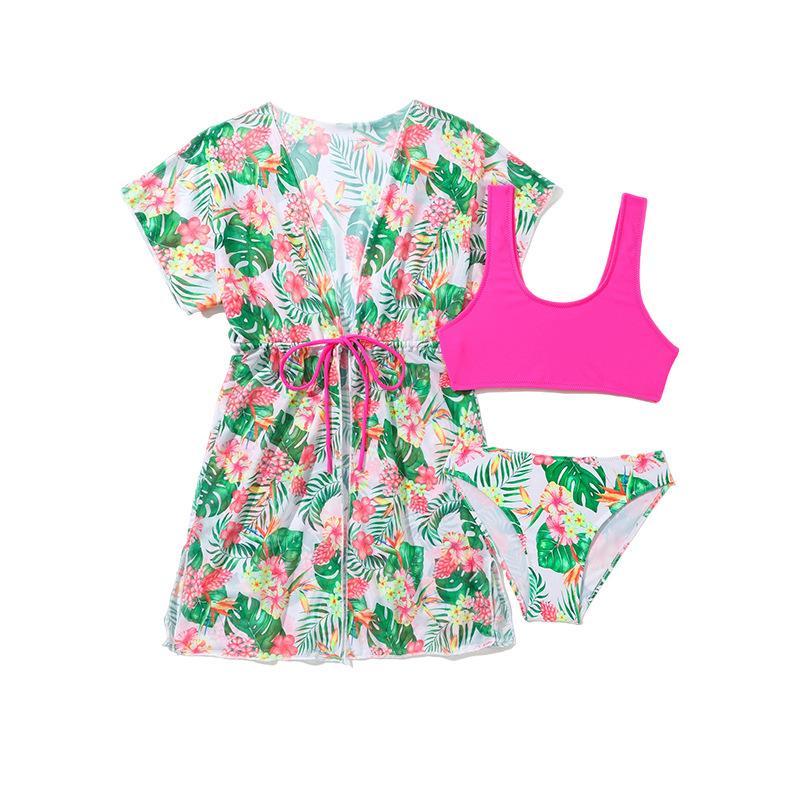 Tween Girls' Fashion 3 Pieces Floral Printed Swimwear Set Solid Tank Top Briefs and Short Sleeves Lace Up Cover-Up Swimsuit Children's Bathing Suit