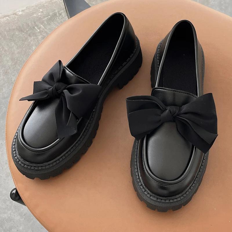 

Модные ретро лоферы с бантом для женщин, новый стиль, с круглым носком, на среднем каблуке, туфли-лодочки, женские, на мягкой подошве, на толстой подошве, из искусственной кожи, Mujer 40 чёрный