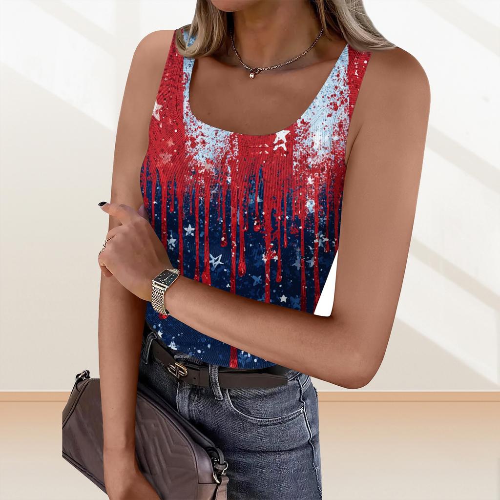 Women's Summer Fashionable Casual Independence Day Printed Round Neck Sleeveless Top Fitted Vest