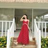 Red Floral Suspender Dress, Summer Small Seaside Vacation Skirt, High-end Ethnic Style Blue