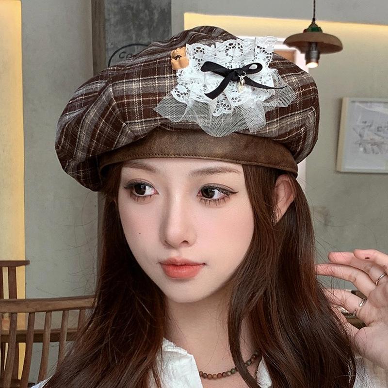 Korean Sweet and Cute Plaid Beret Autumn and Winter Versatile Lace Bow Octagonal Hat Retro Casual Painter Hat