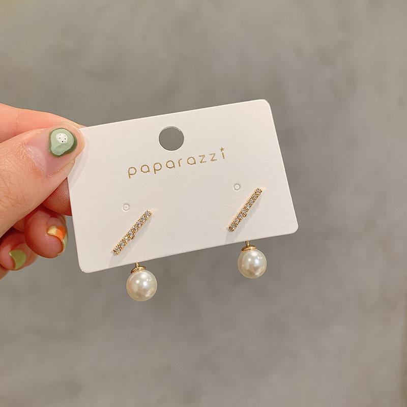 Simple Rhinestone Small One Horizontal Pearl Stud Earrings Fashion Temperament Earrings Girl Earrings
