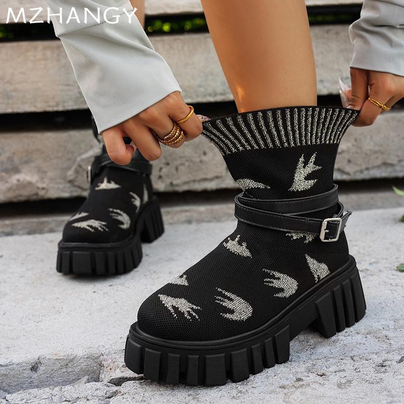 Fashion Platform Women Sock Ankle Boots Flats Knitting Stretch Shoes Buckle Woman 2025 Trend Fashion Snow Boots Goth New Muejr Botas