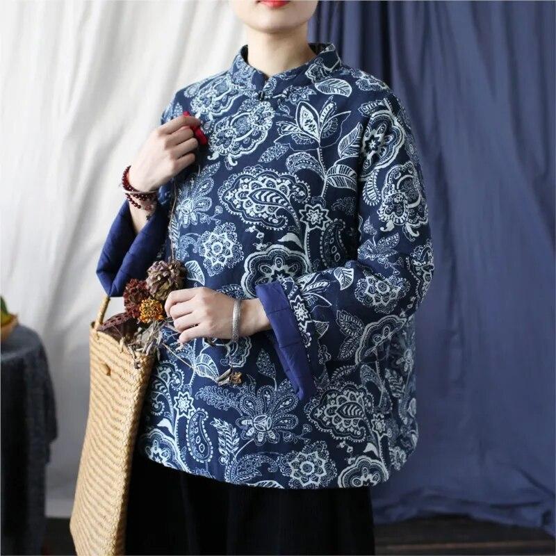 Johnature Women Vintage Print Floral Parkas Plus Chinese Style Coats Button Long Sleeve Stand Clothes Spring Parkas
