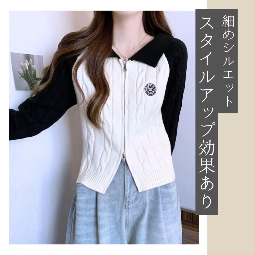 ALVEIN Raglan Sleeve Cable Knit Short Slim Korean Sweater Women's Zip-Through Double-Zip Cardigan, Length, Fit, Style, Midriff-Baring (White)