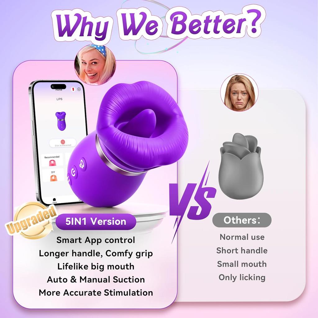 APPP Vibrator Adult Sex Toys for Women 5IN1 Mouth Sucking Vibrator Rose Sex Toy, 10 Tongue Licking Anal Clit Nipple Vibrators Female Couples Sex Toys