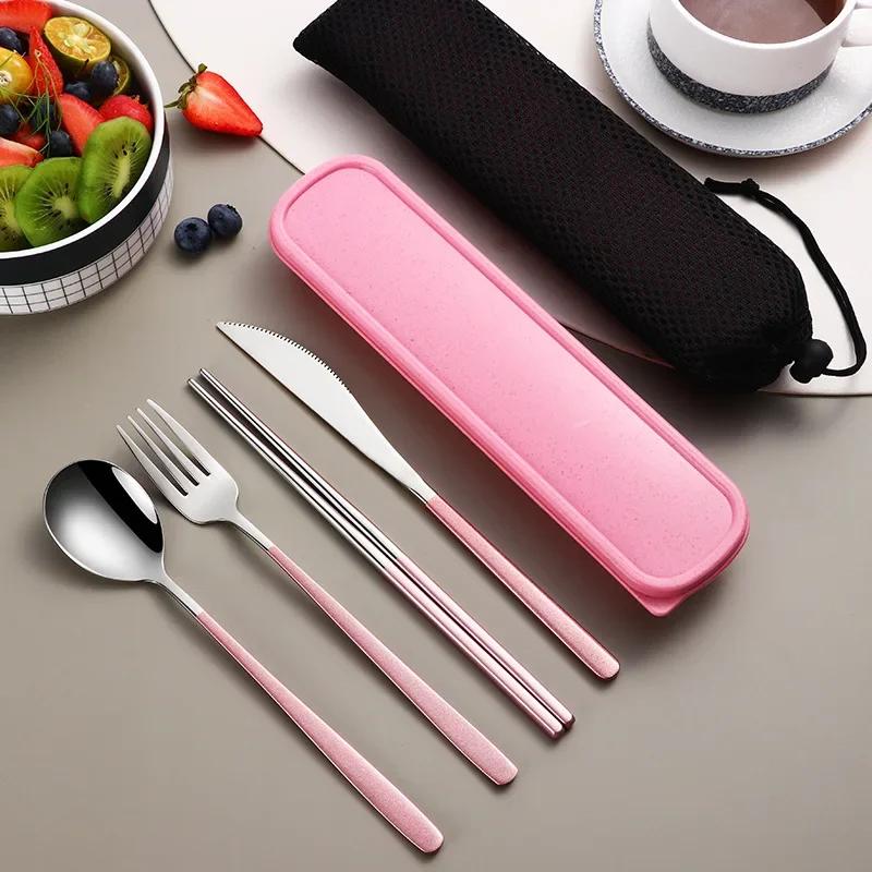 Tableware Set 304 Stainless Steel Portable Cutlery Dinner Knife Fork Spoon Chopsticks Four-piece Suit with Box Travel Flatware