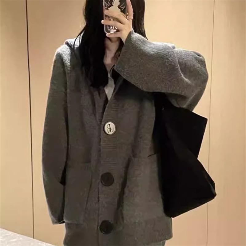 Women's Autumn & Winter Lazy Style Hooded Knit Cardigan - Korean Loose-Fit, High-Class Temperament Sweater Coat