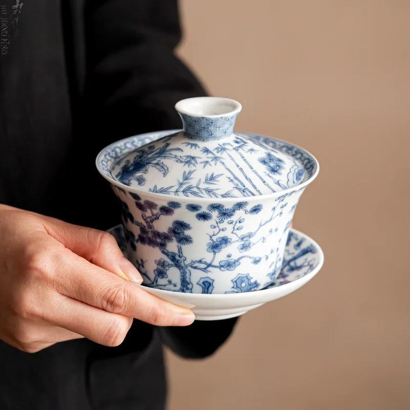 300ml Antik Blau und Weiß Gaiwan Retro Drachen Tasse Untertasse Teekanne Chinesischer Teebereiter Deckelschale Teegeschirr Zubehör Handwerk