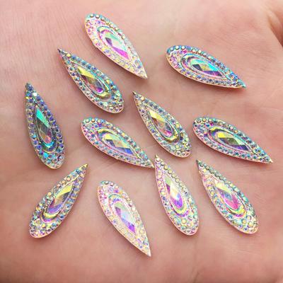 60 Stück glänzendes AB-Harz, 6 x 20 mm, Pfauenauge, Tropfenform, flache Rückseite, Strass