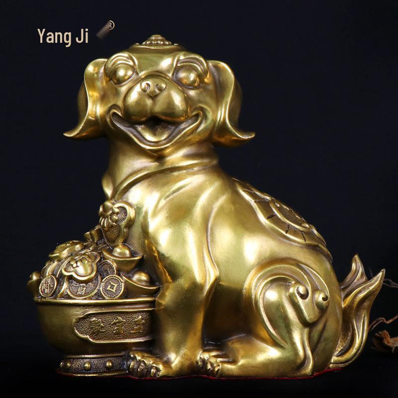 Twelve Zodiac Signs Dog Bronze Ornament with Coin & Gold Ingot 6-inch Fortune Basin Dog 14x7x14.5 cm