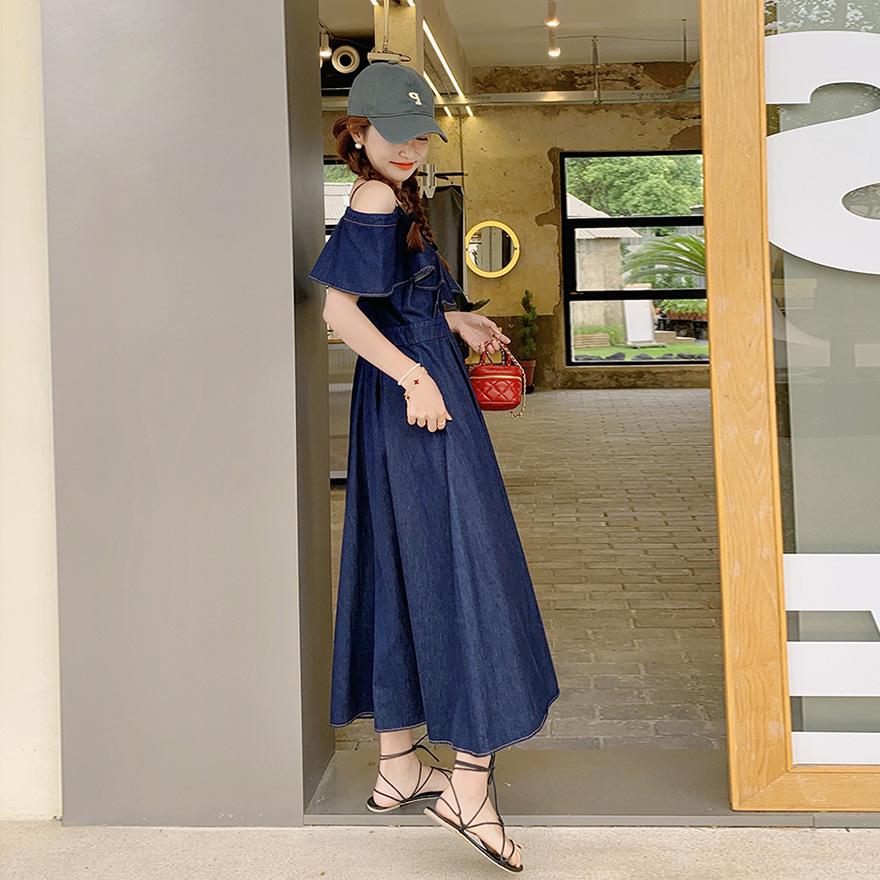 Denim dress women's summer thin small chic unique off-the-shoulder sweet temperament slim long skirt