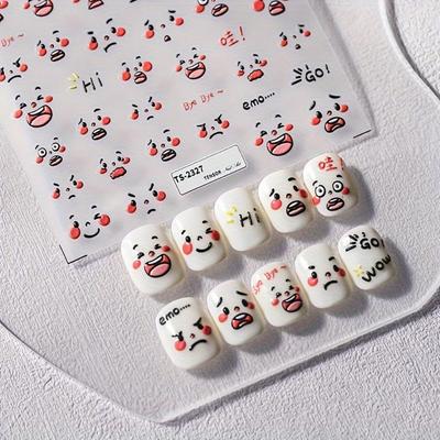 Niedliche lächelnde Gesicht Nail Art Aufkleber: 2 Bögen mit 5D-Prägeaufklebern für Mädchen, selbstklebende Maniküre-Dekorationen
