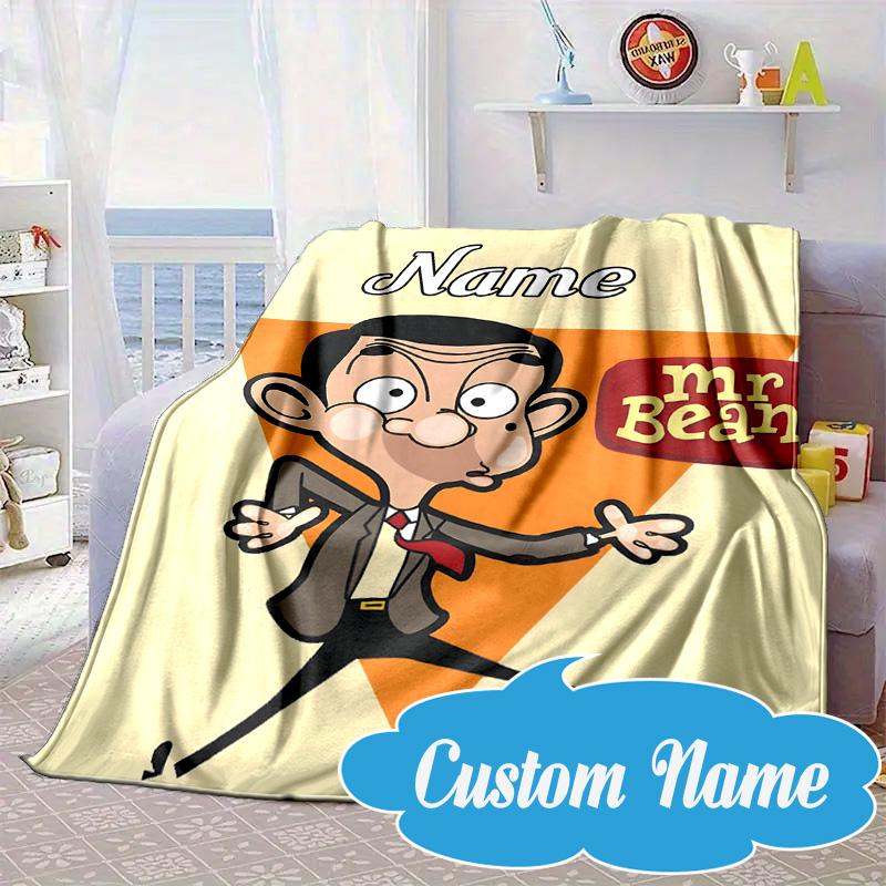 Custom Name Mr. Bean's Sunny Day Blanket Bed Sofa Blanket Flannel Blanket for Camping, Hiking, Picnic Essentials,gift for Fan Family