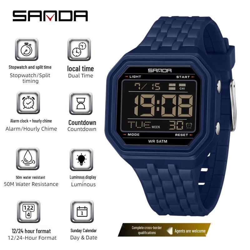 Sanda Creative Square Multifunctional Dual Display Student Watch - Countdown, Alarm, Waterproof, Trendy Electronic Timepiece.