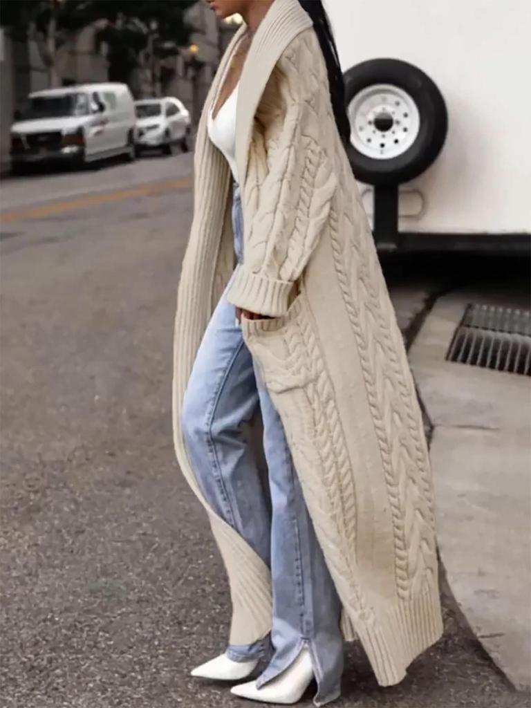 European and American Chunky Cable Knit Long Cardigan with Big Lapel for Spring, Autumn, and Winter