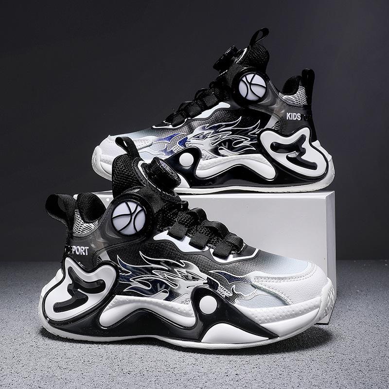 New boys spring button non-slip basketball shoes children 2025 running shoes rotating shoes sports shoes middle and old children