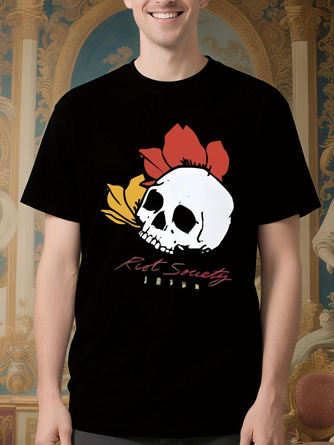 Crew Neck Tshirt - Edgy Gothic Skull Graphic Tee with Red... M
