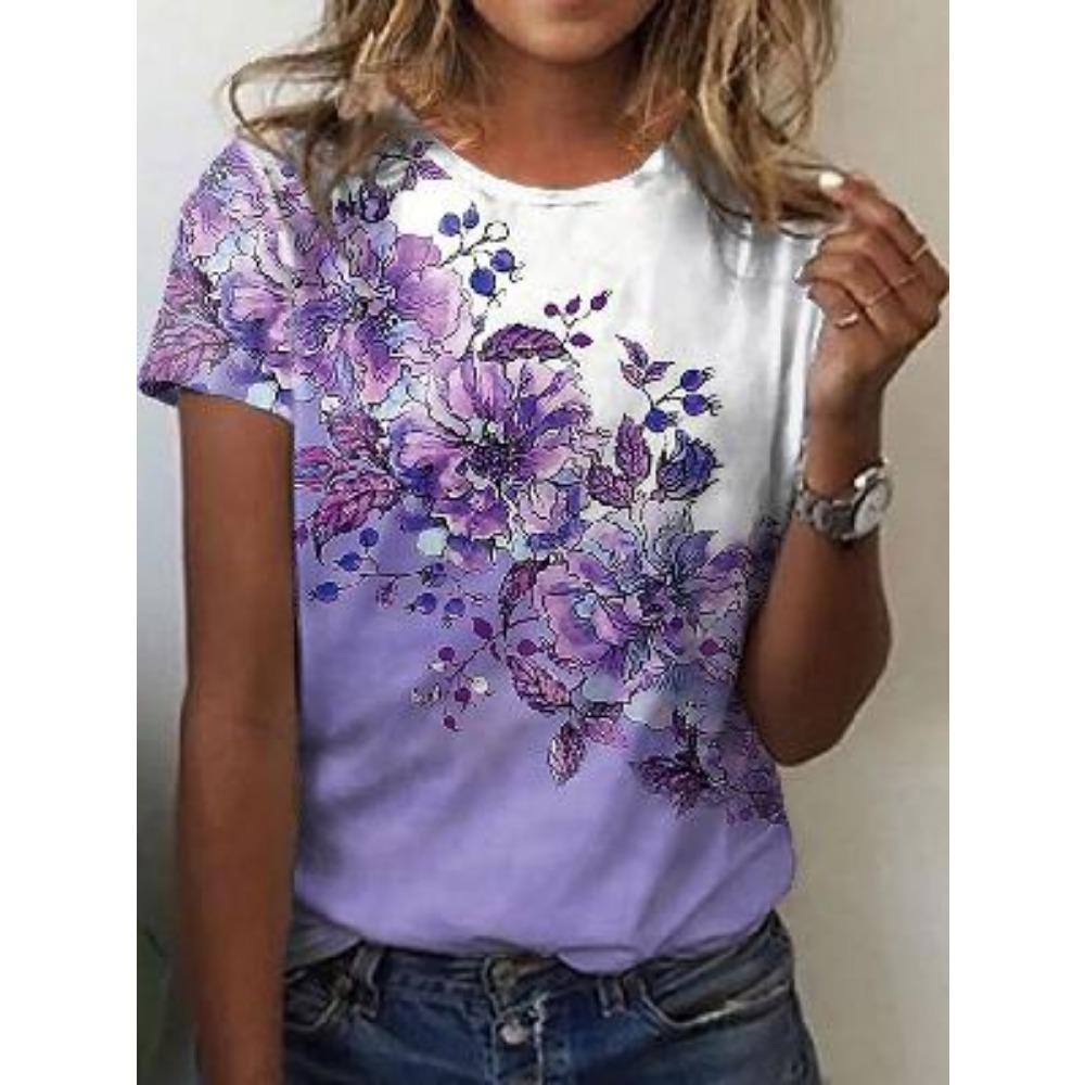 

Women s T-shirt Casual Outdoor Round Neck Short Sleeve Tops Purple Flower Printed Style OverSize Fashion Women s Clothing XXXLUS 16