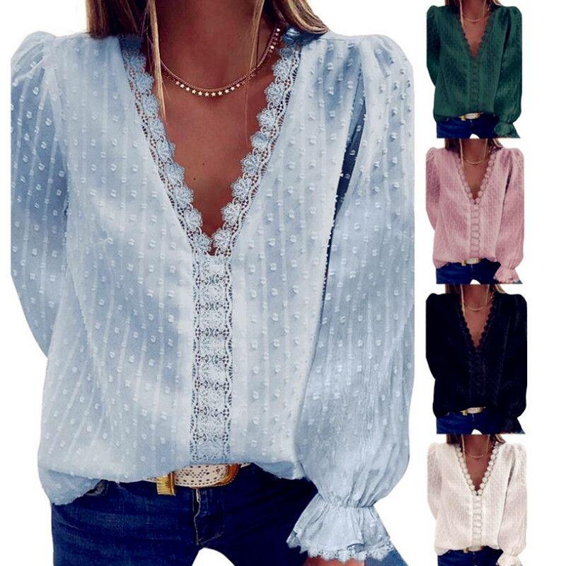 

2022 Floral Elegant Lady Sexy Lace Casual Embellished Shirts S Blue