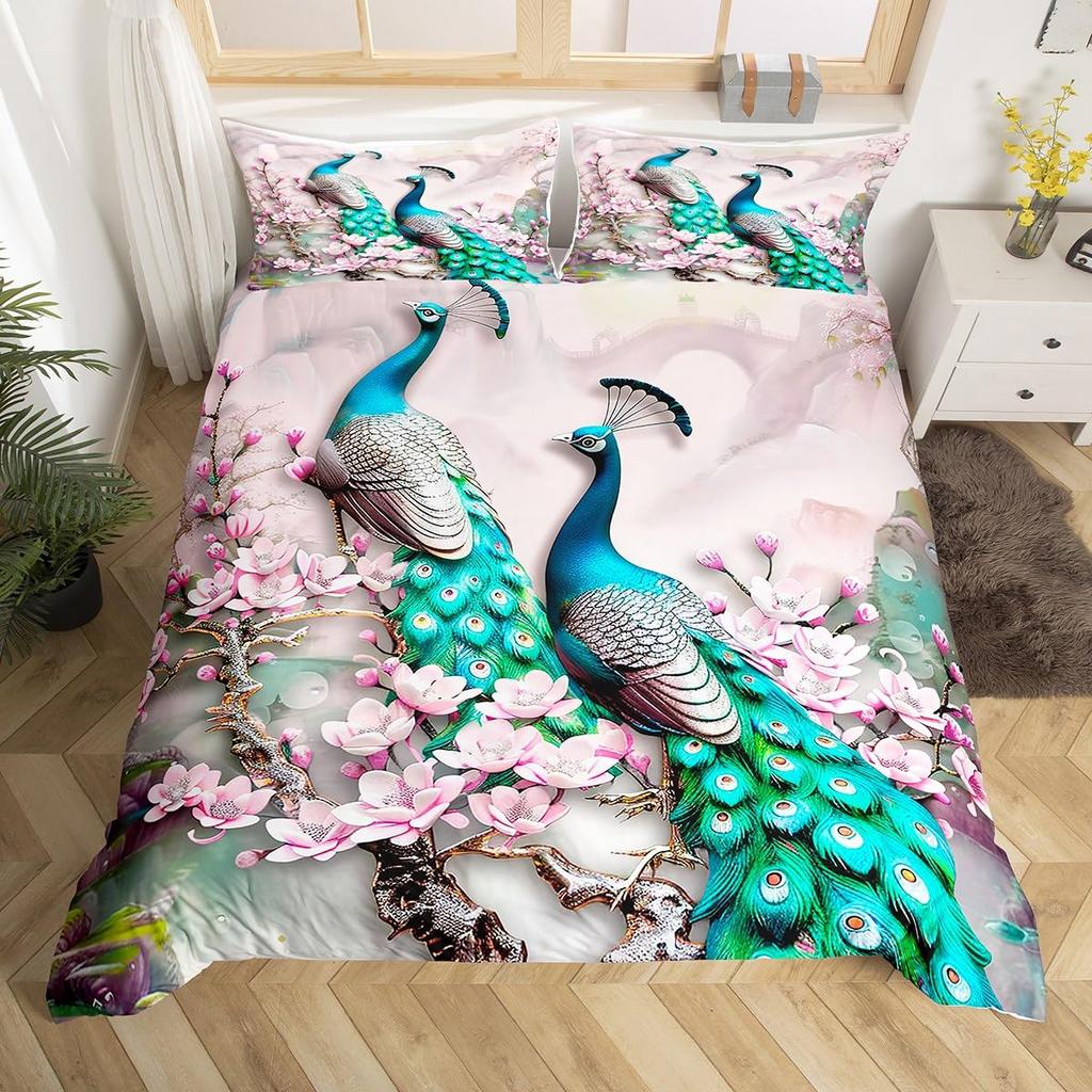 Peacock Duvet Cover Set for Teens Adults Quilt Covers Queen Lightweight Down Room Decor 2 Pillowcases 1 Duvet Cover No Comforter