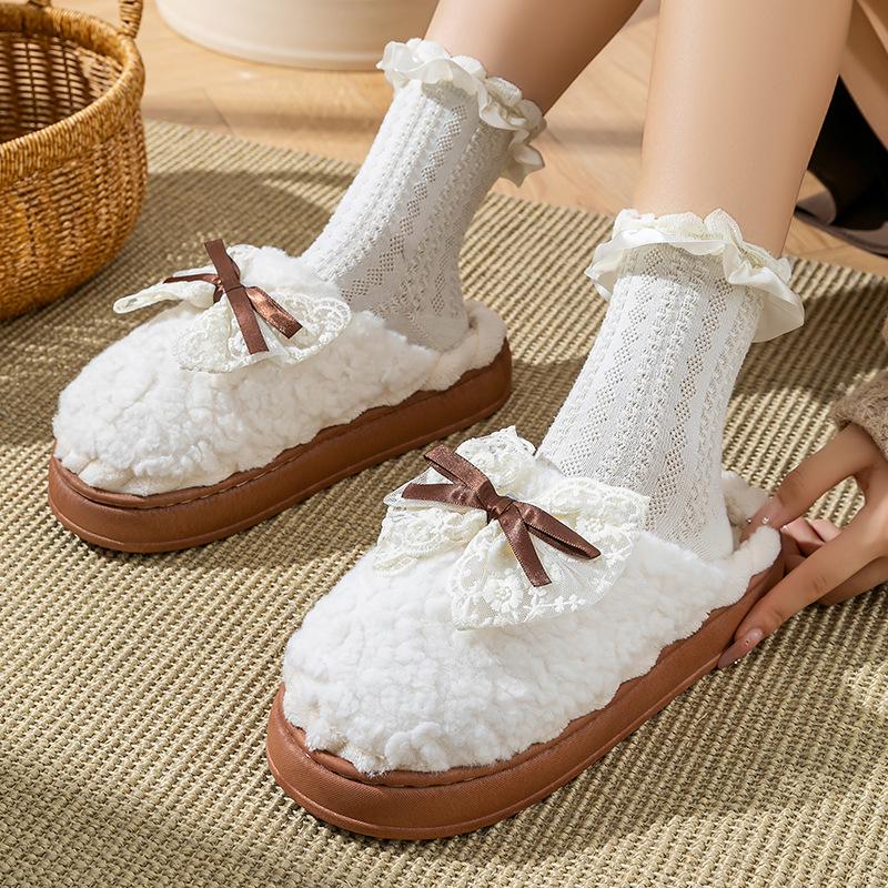 Lace bow cotton slippers autumn and winter home non-slip cotton mop plush warm versatile shoes