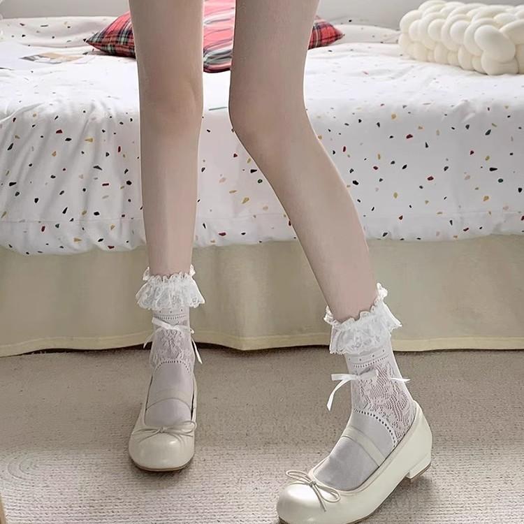 Summer Thin Lace Mid Tube Socks Sweet Bow Hollowed Ballet Calf Socks Lolita White