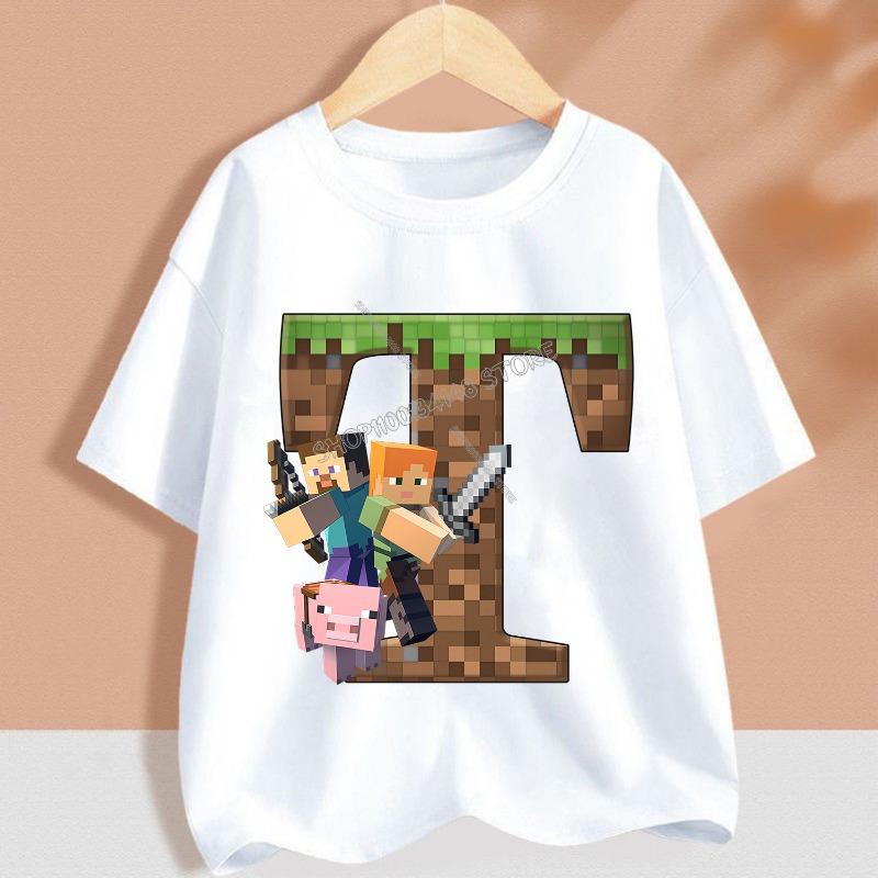 

Горячая пиксельная игровая футболка Детская Буква от A до Z Белая одежда Мультяшная с круглым вырезом Одежда Новая Детская с коротким рукавом Летняя футболка Топ Подарок 140