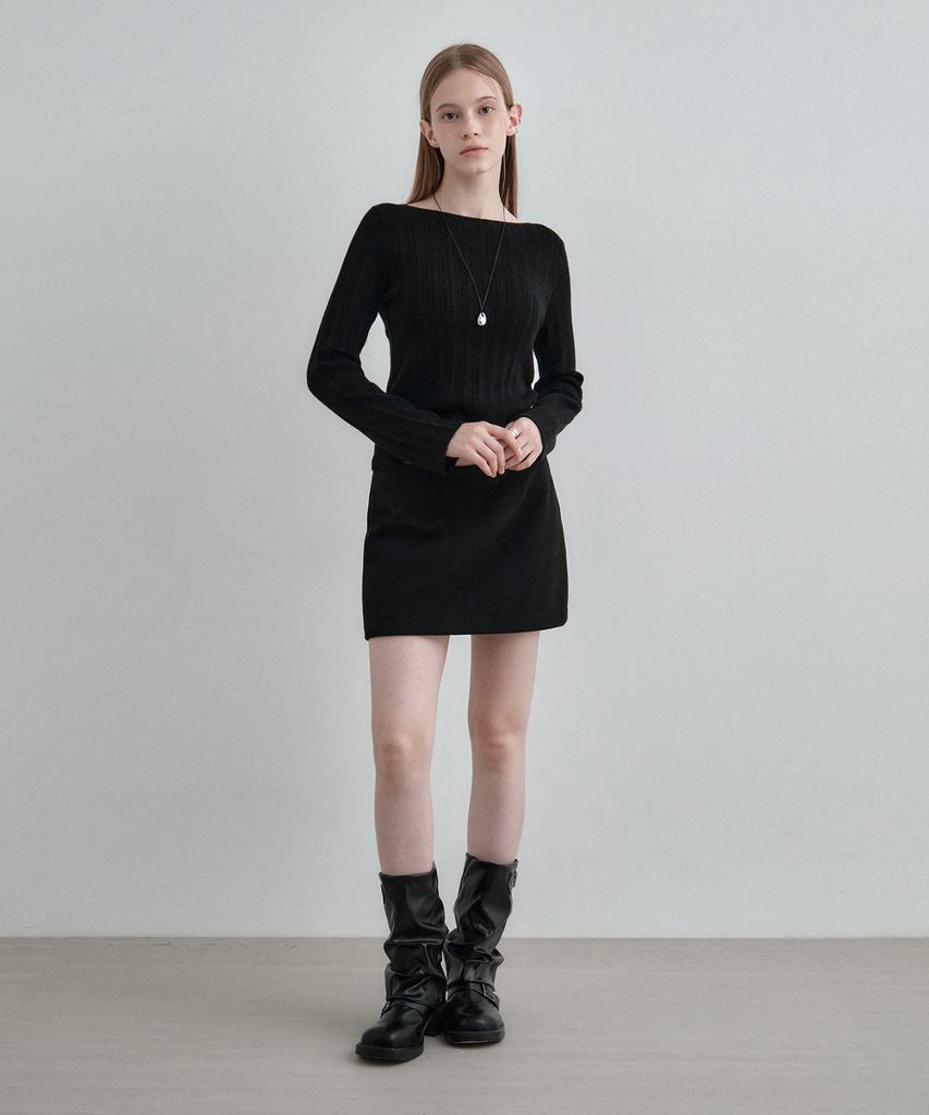MONGDOL Boat Neck Alpaca Ribbed Knit Top Black Mdkt118Black