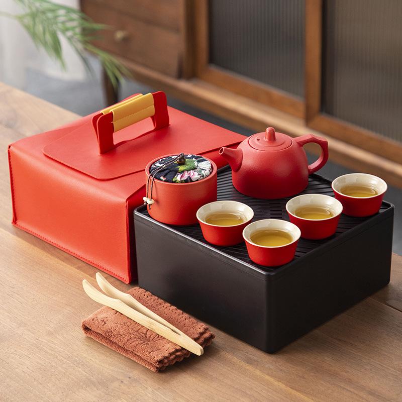 Japanese-style black pottery outdoor portable travel tea set, beam pot, dry tea tray, business company gift