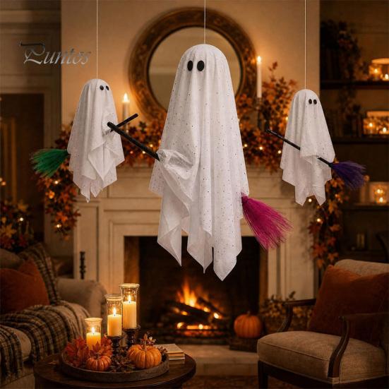 Flying Ghost Trio for Porch 3 Pcs Halloween Decorations, Spooky Hanging with Broom, Decorations Large White Tree Yard Patio Decor Cozy Glow Lighting
